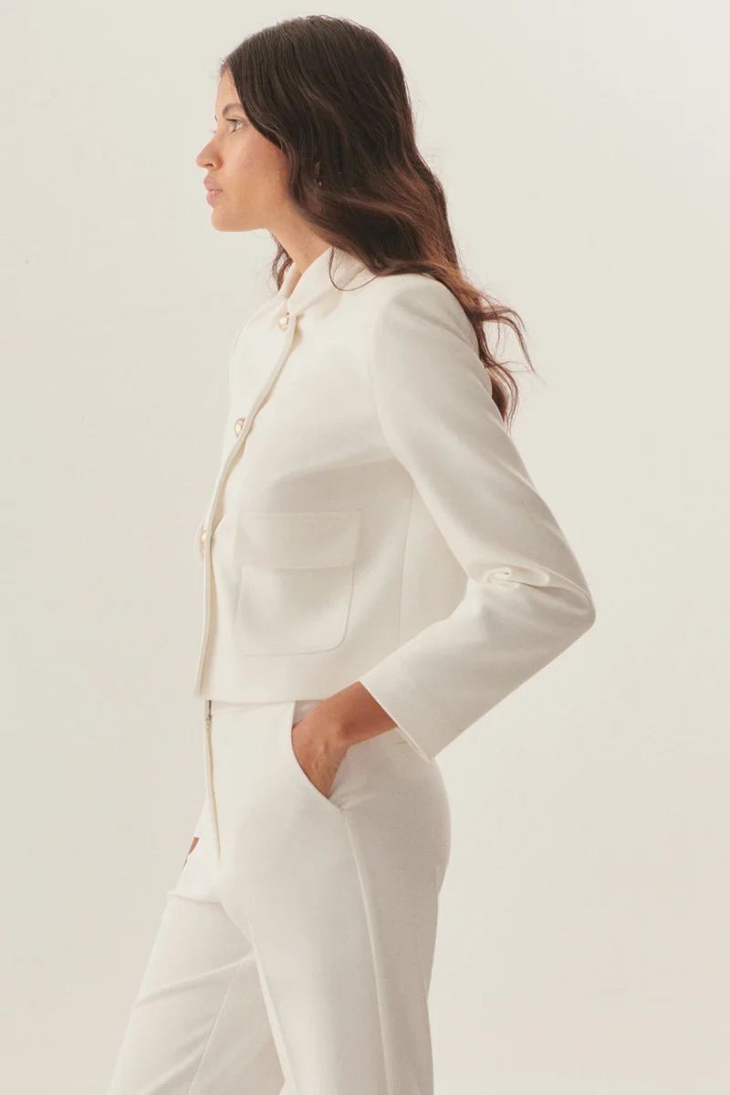 EXQUISE Shirt Collar Pocketed Regular Fit Short White Jacket