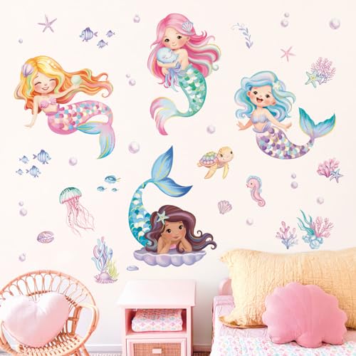 decalmile Under The Sea Mermaid Wall Decals Ocean Fish Starfish Turtle Wall Stickers Baby Nursery Girls Bedroom Bathroom Wall Decor - Image 1