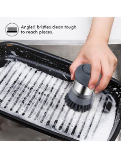Home Care Dispensing Palm Brush Kitchen Scrubber with Stainless Steel Body and Sturdy Nylon Bristles Dishwashing Brush with Soap Dispenser for Dishes, Non-Stick Cookware, Stoves and Tiles(Black)  - Image 3