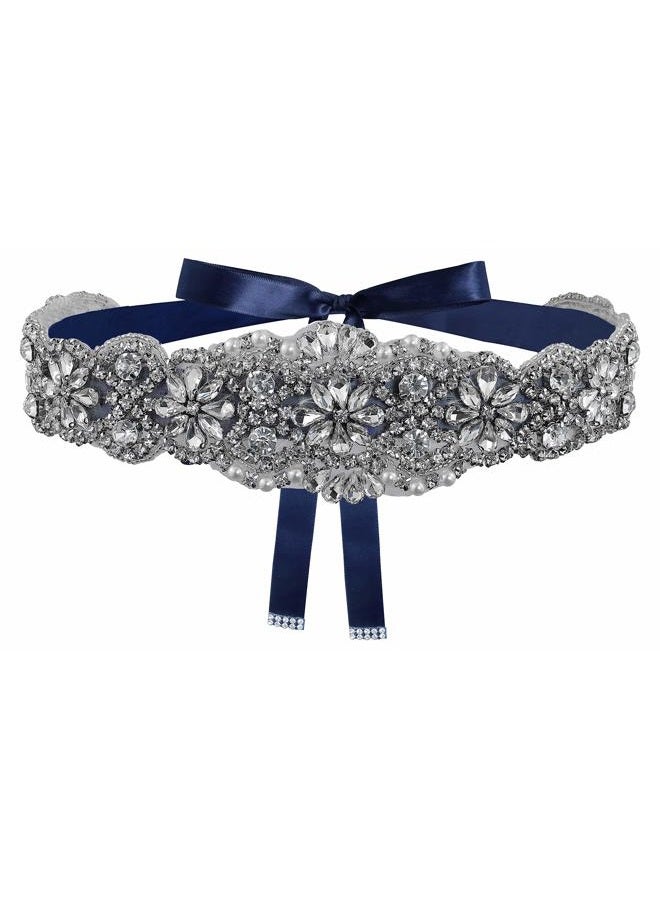 Lovful Bridal Crystal Rhinestone Braided Wedding Dress Sash Belt, Navy, One size - Image 1