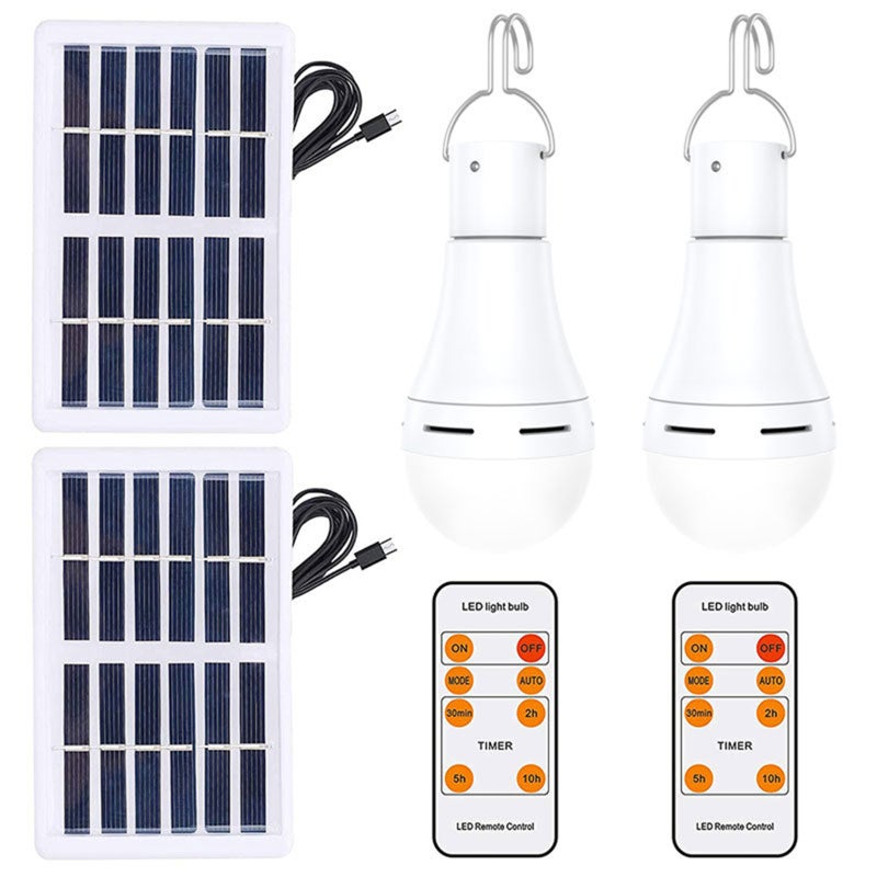 Solar Powered LED Bulb 2 Pack White - Solar Panel Charging 1800mAh Battery IP65 Waterproof Portable Camping Light for Indoor Outdoor Use - Image 1