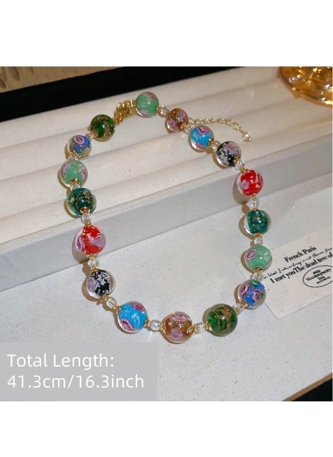 ILovhaprty Glass Beaded Necklace, Glass Beads Choker Necklace Colorful Pendant Necklace  - Image 1