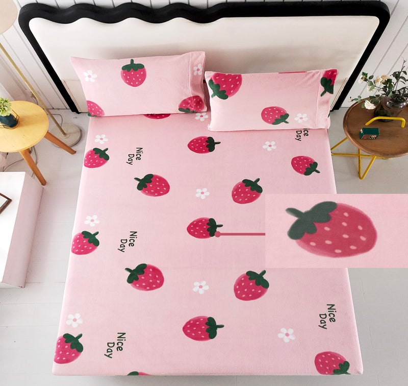 MAG 3Pcs Fleece Fitted Sheet Twin Size with Pink Strawberry Pattern, Super Cute Fluffy Warm Bottom Sheets for Kids,Girls,included1*Fitted Sheet and 2*Pillowcases. - Image 4