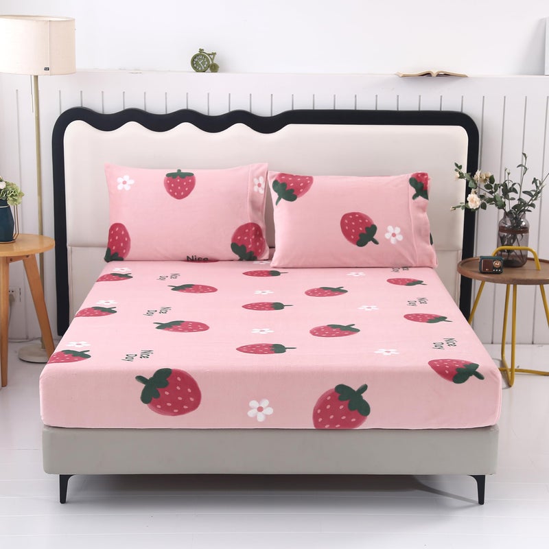 MAG 3Pcs Fleece Fitted Sheet Twin Size with Pink Strawberry Pattern, Super Cute Fluffy Warm Bottom Sheets for Kids,Girls,included1*Fitted Sheet and 2*Pillowcases. - Image 3