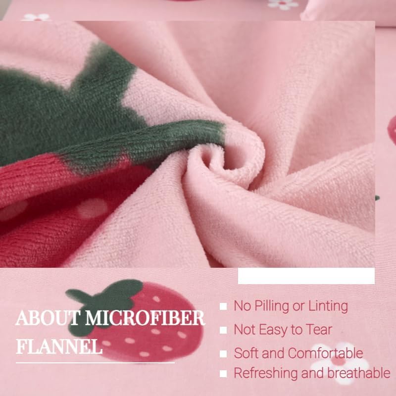 MAG 3Pcs Fleece Fitted Sheet Twin Size with Pink Strawberry Pattern, Super Cute Fluffy Warm Bottom Sheets for Kids,Girls,included1*Fitted Sheet and 2*Pillowcases. - Image 2