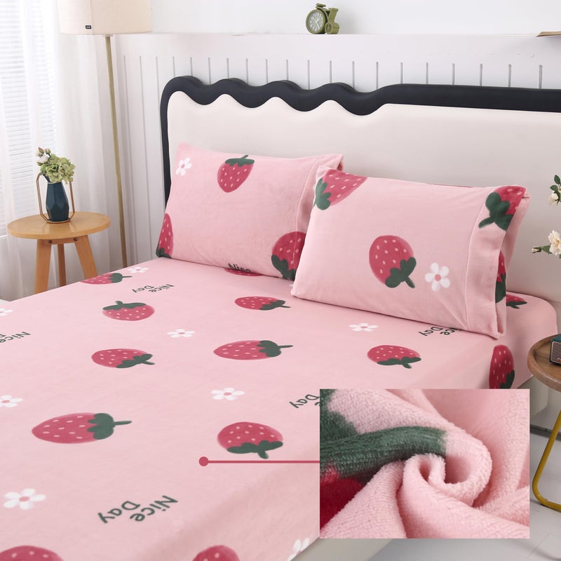 MAG 3Pcs Fleece Fitted Sheet Twin Size with Pink Strawberry Pattern, Super Cute Fluffy Warm Bottom Sheets for Kids,Girls,included1*Fitted Sheet and 2*Pillowcases. - Image 1