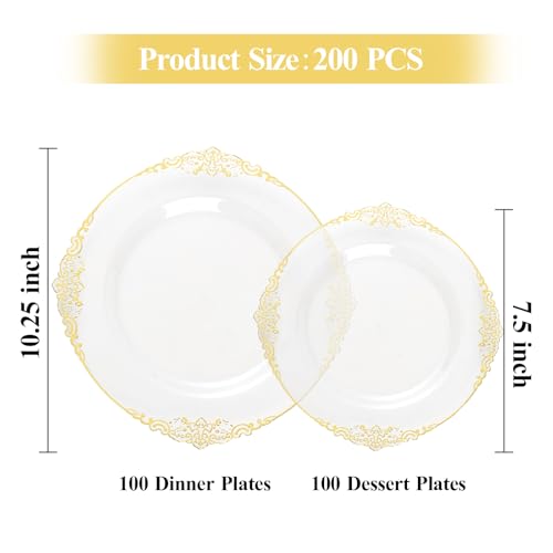 Bestluck 200 PCS Clear and Gold Plastic Plates for 100 Guests Elegant Clear Disposable Plates with Gold Trim Include 100 PCS Dinner Plates 100 PCS Dessert Plates for Party Birthday and Graduation - Image 5