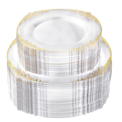 Bestluck 200 PCS Clear and Gold Plastic Plates for 100 Guests Elegant Clear Disposable Plates with Gold Trim Include 100 PCS Dinner Plates 100 PCS Dessert Plates for Party Birthday and Graduation - Image 2