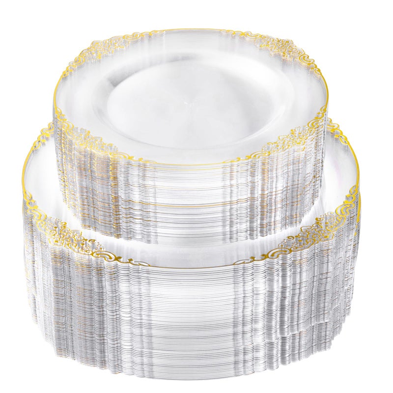 Bestluck 200 PCS Clear and Gold Plastic Plates for 100 Guests Elegant Clear Disposable Plates with Gold Trim Include 100 PCS Dinner Plates 100 PCS Dessert Plates for Party Birthday and Graduation - Image 3