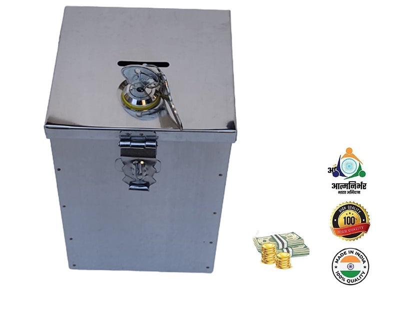 GinoSet® Coin Box, Piggy Bank, Gullak, Donation, Suggestion Box, Antique Coin Bank Box Money Organiser Stainless Steel Body (7.5 Inch) Box(H- 7.5" W-5" L-5.5") (with Pre Fited Lock & 2 Key) - Image 4