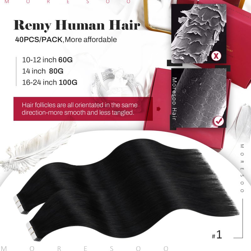 Moresoo Tape in Hair Extensions Human Hair #1 Jet Black Hair Tape in Human Hair Extensions Invisible Glue in Extensions Real Hair Straight 40 Pieces 100g 24 Inch - Image 2