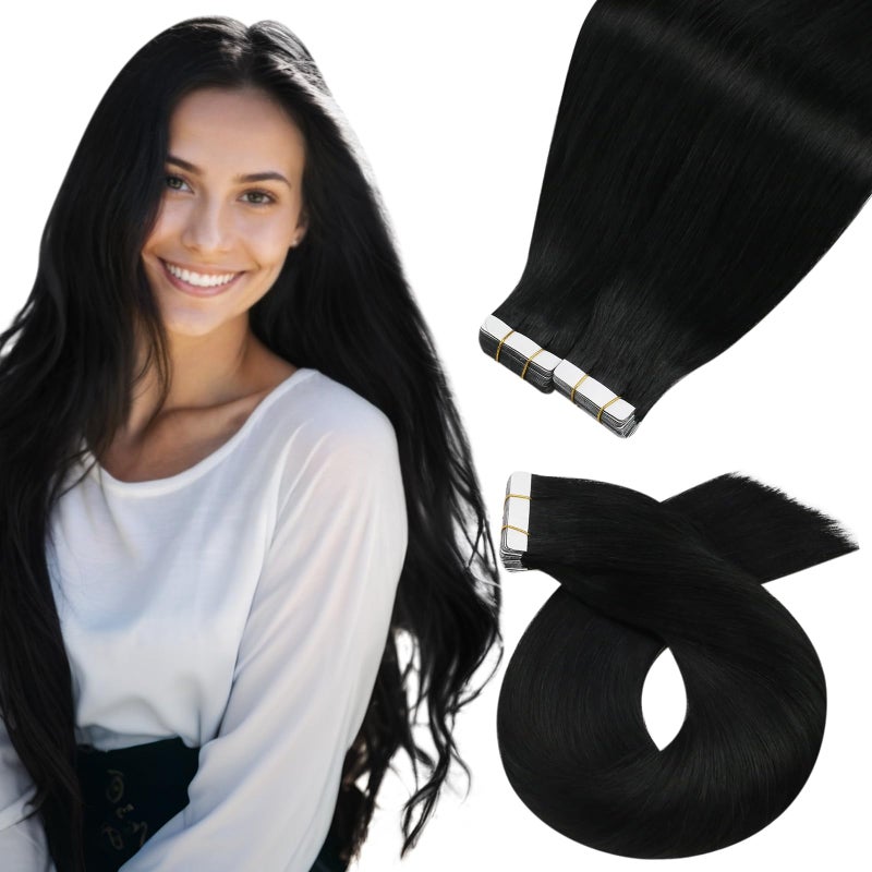 Moresoo Tape in Hair Extensions Human Hair #1 Jet Black Hair Tape in Human Hair Extensions Invisible Glue in Extensions Real Hair Straight 40 Pieces 100g 24 Inch - Image 1