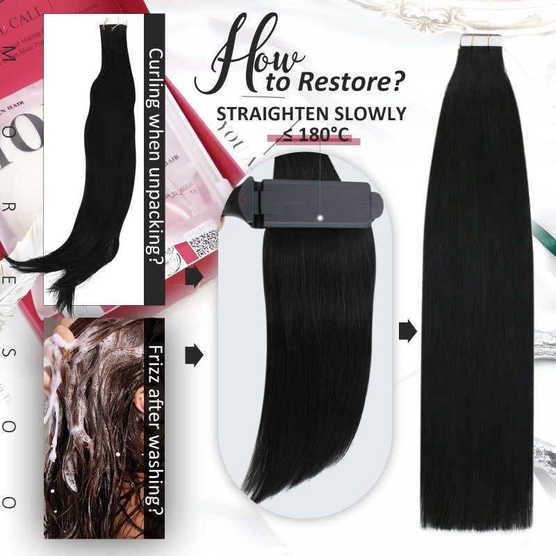 Moresoo Tape in Hair Extensions Human Hair #1 Jet Black Hair Tape in Human Hair Extensions Invisible Glue in Extensions Real Hair Straight 40 Pieces 100g 24 Inch - Image 5
