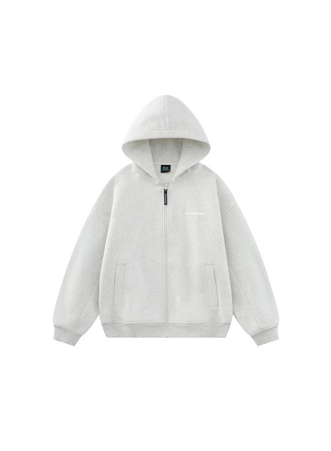 Golfcross Couple's Spring Autumn Letter Embroidered Loose Hooded Zip-up Sweatshirt White Flower Gray 2XL - Image 1