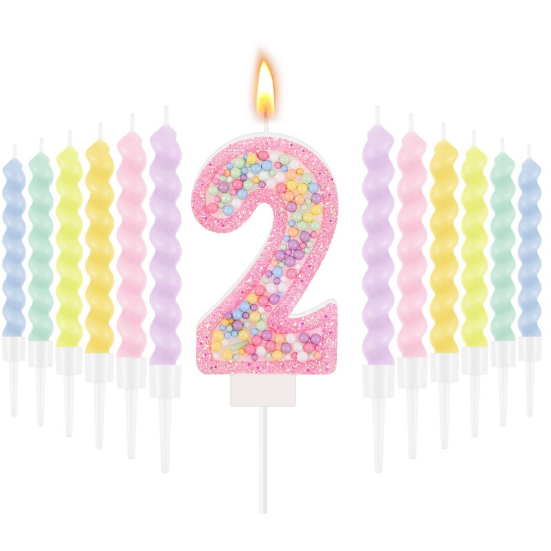 ميتلي شمعة عيد ميلاد MTLEE على شكل ماكارون لامعة ثلاثية الأبعاد على شكل رقم مع 12 شمعة حلزونية بألوان قوس قزح في حوامل لتزيين كعكة عيد ميلاد فتاة أو ولد، أو حفل زفاف أو ذكرى زواج، أو حفلة ذات طابع حلوى باستيل (وردي، رقم 2). - Image 1