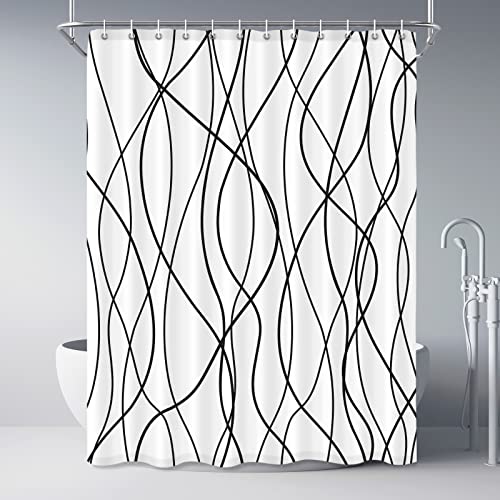 Punkray Black and White Striped Wavy Line Fabric Shower Curtain for Bathroom with 12 Hooks Extra Long Shower Curtains for Bathroom 84 Inches Long Weighted HemWaterproof Bath Accessories