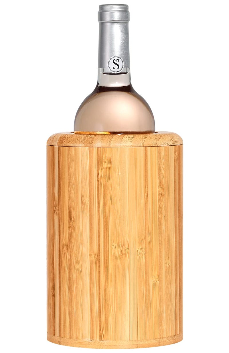 Homeries Wine chiller with Sleeve for Beverage and Liquor Bottles Natural Bamboo Wood Iceless Wine Cooler with PushLock Gasket Insulator Sleeve for Serving at Events Gatherings Bamboo