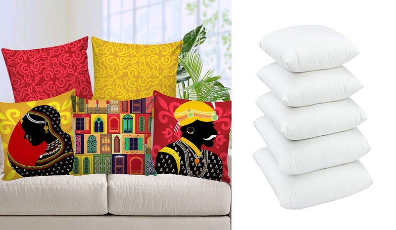 AEROHAVEN™ Set of 5 Ethnic Hand Made Jute Throw/Pillow Cushion Covers with Cushion Fillers- CC181 - (16 x 16 Inch with FILLERS) - Image 1