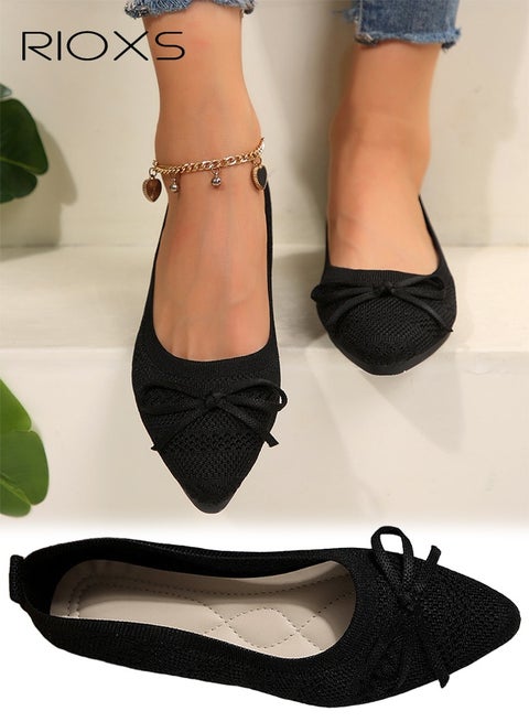 Women's Ballet Flats, Trendy Pointed Toe Bow Knit Flats, Comfy Dressy Shoes for Ladies, Soft Ladies Casual Ballet Shoes Dress Flats, Soild Color Slip On Work Business Flat Shoes, for Dating/ Travel/ Daily Wear- Black