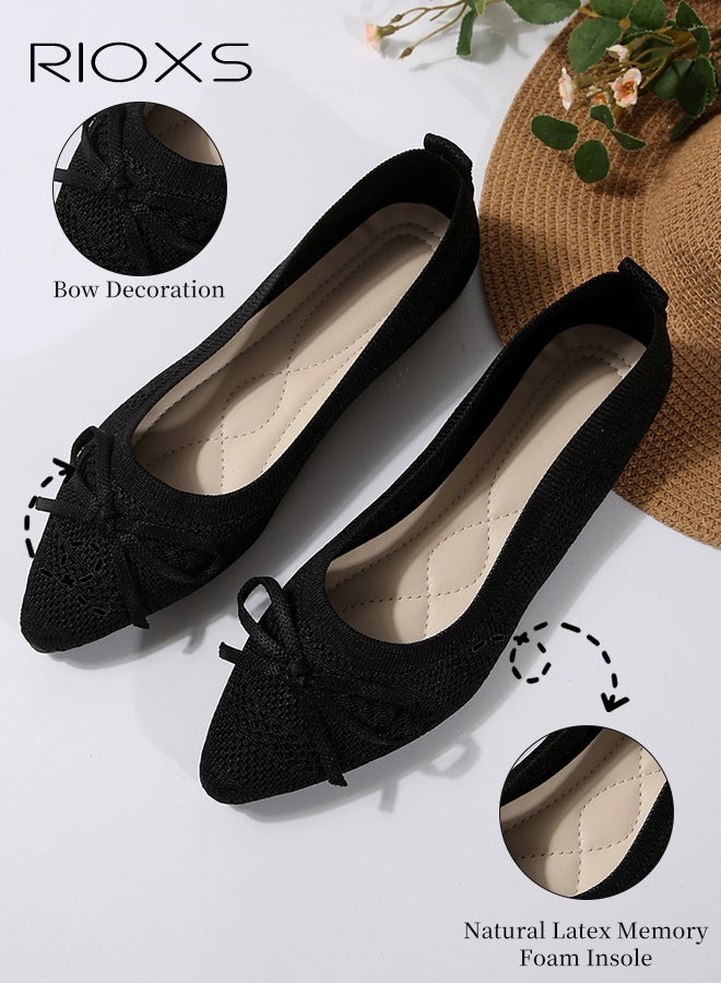 ريوكس حذاء باليه نسائي، حذاء مسطح أنيق بمقدمة مدببة وعقدة، حذاء مريح وأنيق للسيدات، حذاء باليه نسائي ناعم ومريح، حذاء مسطح بلون موحد سهل الارتداء للعمل، مناسب للمواعدة/السفر/الارتداء اليومي - أسود - Image 2