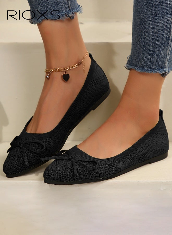 Women's Ballet Flats, Trendy Pointed Toe Bow Knit Flats, Comfy Dressy Shoes for Ladies, Soft Ladies Casual Ballet Shoes Dress Flats, Soild Color Slip On Work Business Flat Shoes, for Dating/ Travel/ Daily Wear- Black