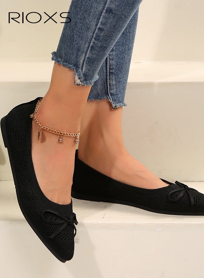 ريوكس حذاء باليه نسائي، حذاء مسطح أنيق بمقدمة مدببة وعقدة، حذاء مريح وأنيق للسيدات، حذاء باليه نسائي ناعم ومريح، حذاء مسطح بلون موحد سهل الارتداء للعمل، مناسب للمواعدة/السفر/الارتداء اليومي - أسود - Image 3