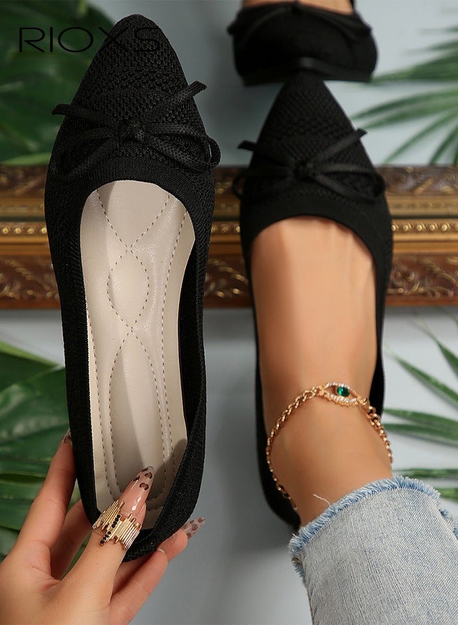 Women's Ballet Flats, Trendy Pointed Toe Bow Knit Flats, Comfy Dressy Shoes for Ladies, Soft Ladies Casual Ballet Shoes Dress Flats, Soild Color Slip On Work Business Flat Shoes, for Dating/ Travel/ Daily Wear- Black