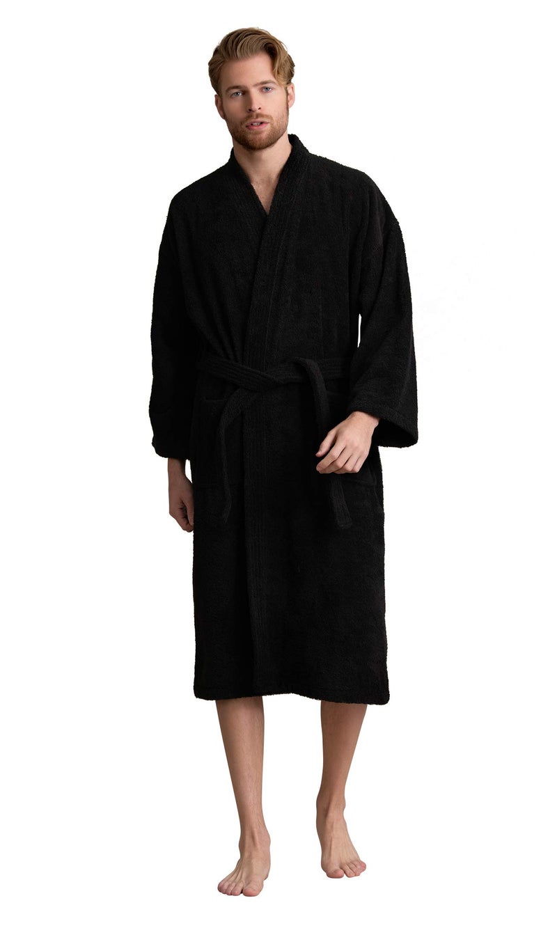 Soft Touch Linen Mens Robe Turkish Terry Kimono Spa Bathrobe Large Black