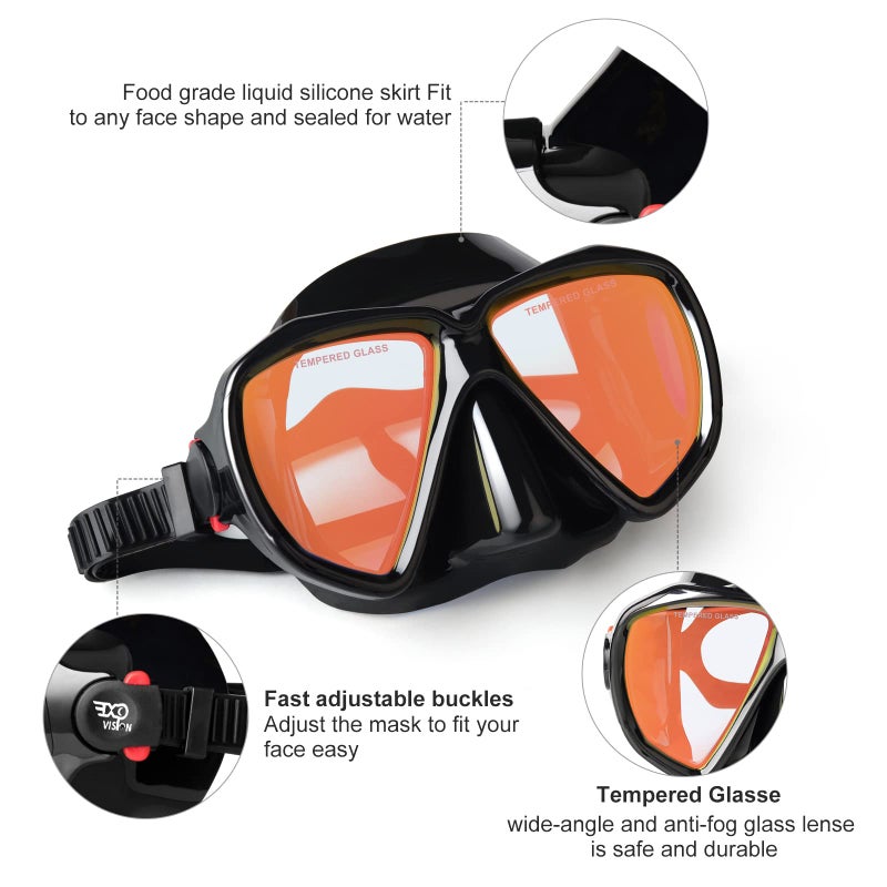 EXP VISION Snorkel Diving Mask Panoramic HD Swim Mask, Anti-Fog Scuba Diving Goggles,Tempered Glass Dive Mask Adult Youth Swim Goggles with Nose Cover for Diving, Snorkeling, Swimming (Black Frame-Red Lens) - Image 2