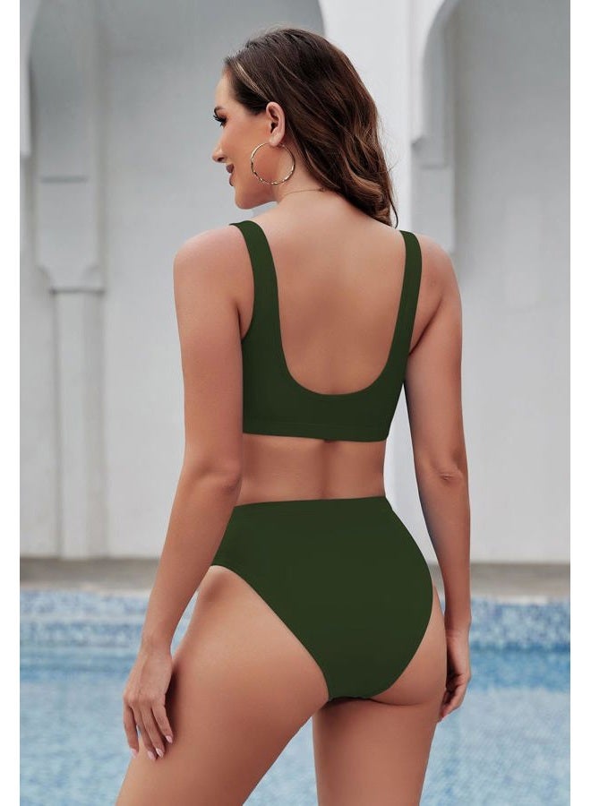 Pink Queen Women's Crop Top High Waisted Cheeky Bikini Set Two Piece Swimsuits, 01 - Army Green, S - Image 5