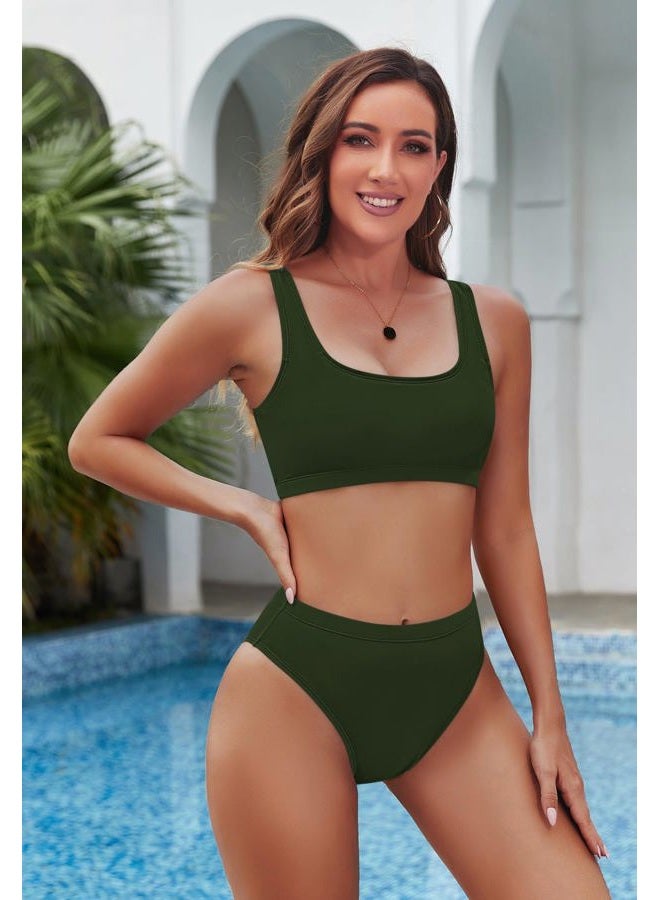 Pink Queen Women's Crop Top High Waisted Cheeky Bikini Set Two Piece Swimsuits, 01 - Army Green, S - Image 4