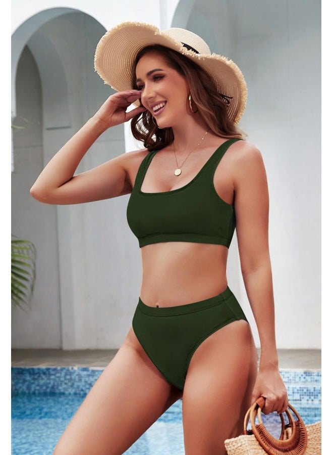 Pink Queen Women's Crop Top High Waisted Cheeky Bikini Set Two Piece Swimsuits, 01 - Army Green, S - Image 2