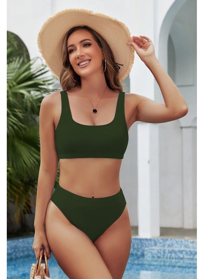 Pink Queen Women's Crop Top High Waisted Cheeky Bikini Set Two Piece Swimsuits, 01 - Army Green, S - Image 3