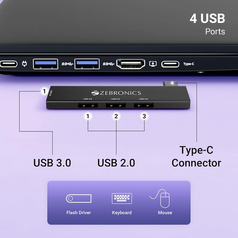 ZEBRONICS TA210U، محور Type-C إلى USB 4 في 1، USB 3.0، 4 منافذ USB، سرعات تصل إلى 5 جيجابت في الثانية، هيكل معدني، لأجهزة Mac | اللابتوبات - Image 3