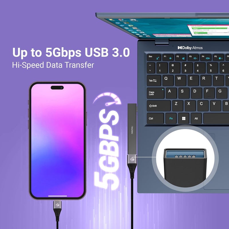 ZEBRONICS TA210U، محور Type-C إلى USB 4 في 1، USB 3.0، 4 منافذ USB، سرعات تصل إلى 5 جيجابت في الثانية، هيكل معدني، لأجهزة Mac | اللابتوبات - Image 4
