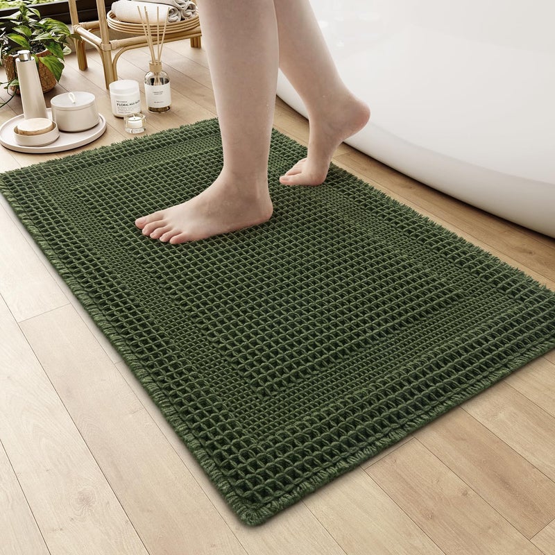 AMOAMI Waffle Bath-Mat, Absorbent Bath Mats for Bathroom Non Slip, Machine Washable Bathroom Rugs with Tassels Ultra Soft Boho Bath Rugs for Floor 17"x24" Dark Green - Image 1