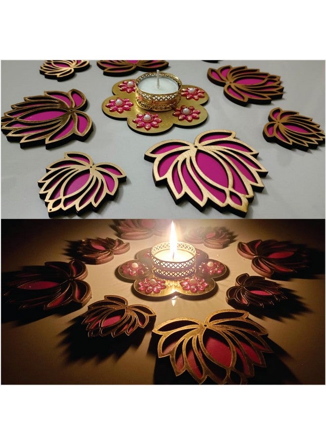 Picrazee Handcrafted Wooden Lotus Rangoli Set with Tea Lights - Set of 8 - Home Decor, Diwali Decoration, Festival Decoration, Gifting - Image 3
