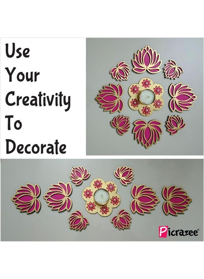 Picrazee Handcrafted Wooden Lotus Rangoli Set with Tea Lights - Set of 8 - Home Decor, Diwali Decoration, Festival Decoration, Gifting - Image 2