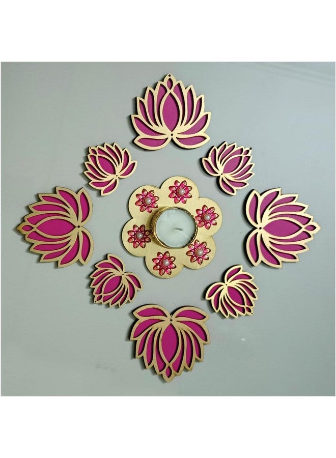 Picrazee Handcrafted Wooden Lotus Rangoli Set with Tea Lights - Set of 8 - Home Decor, Diwali Decoration, Festival Decoration, Gifting - Image 1