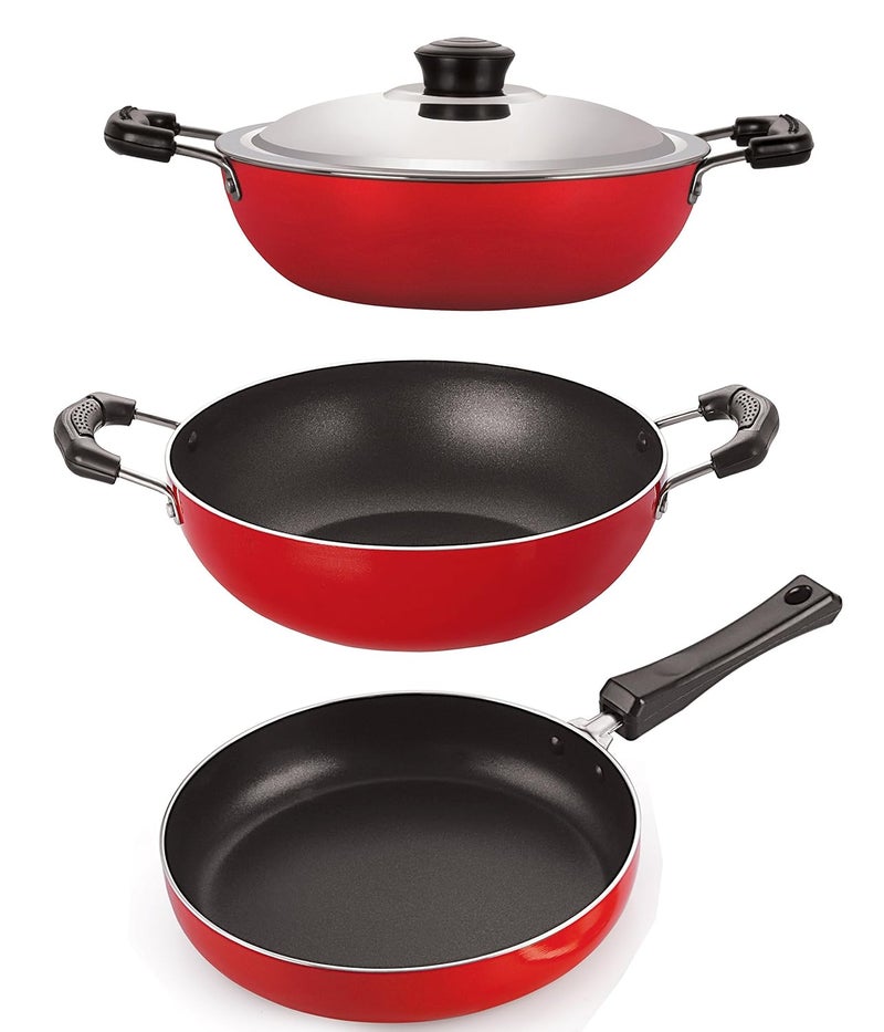 Nirlon Non-Stick Frying Pan and Kadai Combo Kitchen Cooking Essential Set with Steel Lid, 2.6mm_FP10_KD14_DKD(M) - Image 1