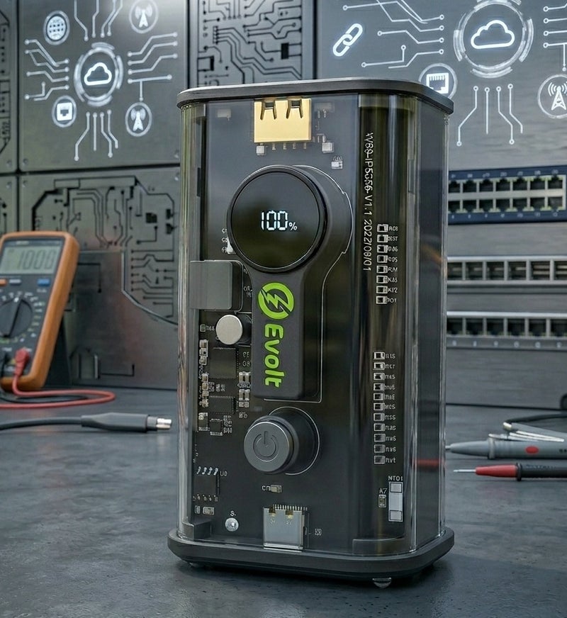 ايڤولت باور بانك شفاف من إيفولت بسعة 10000 مللي أمبير، طاقة بطارية 33.3 واط/ساعة، يمكنه شحن أجهزة متعددة في نفس الوقت، منافذ من النوع C (PD) و USB-A، شحن سريع، أسود | PB-200 - Image 1