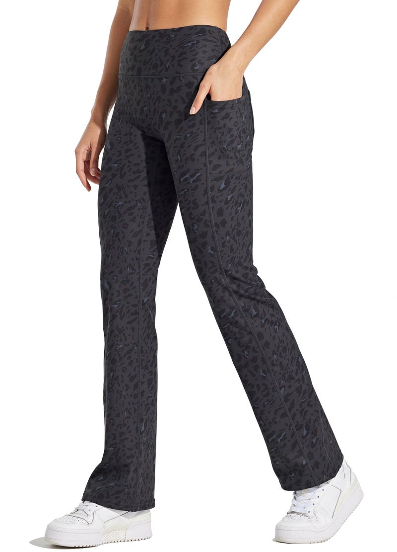 Willit Women's Fleece Lined Pants Yoga Bootcut Thermal Winter Pants High Waisted Flare Leggings Water Resistant Black Leopard M - Image 4