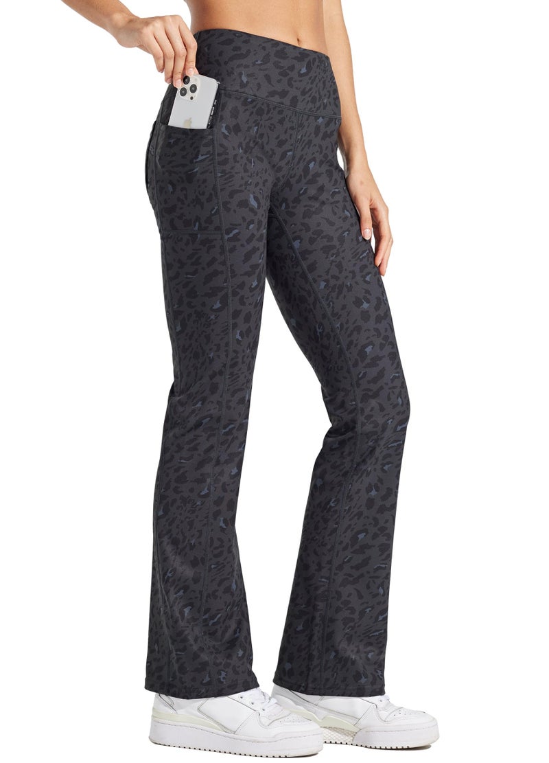 Willit Women's Fleece Lined Pants Yoga Bootcut Thermal Winter Pants High Waisted Flare Leggings Water Resistant Black Leopard M - Image 1