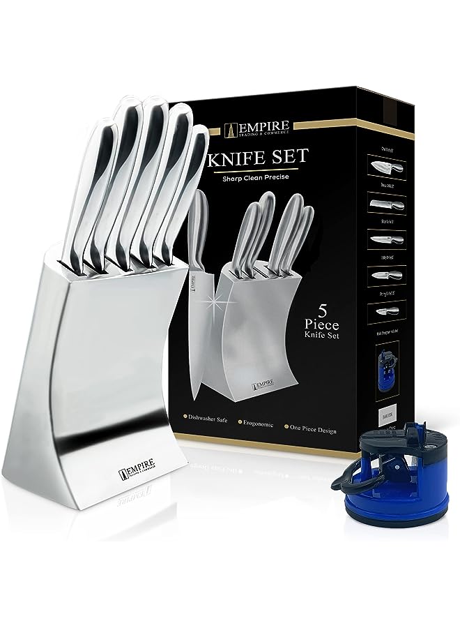 IAF Knife Set, 5pcs Kitchen Knife Set with Sharpener, Knife Set for Kitchen with Block, Kitchen Accessories, Stainless Steel Kitchen Knives, Kitchen Essentials - Image 1