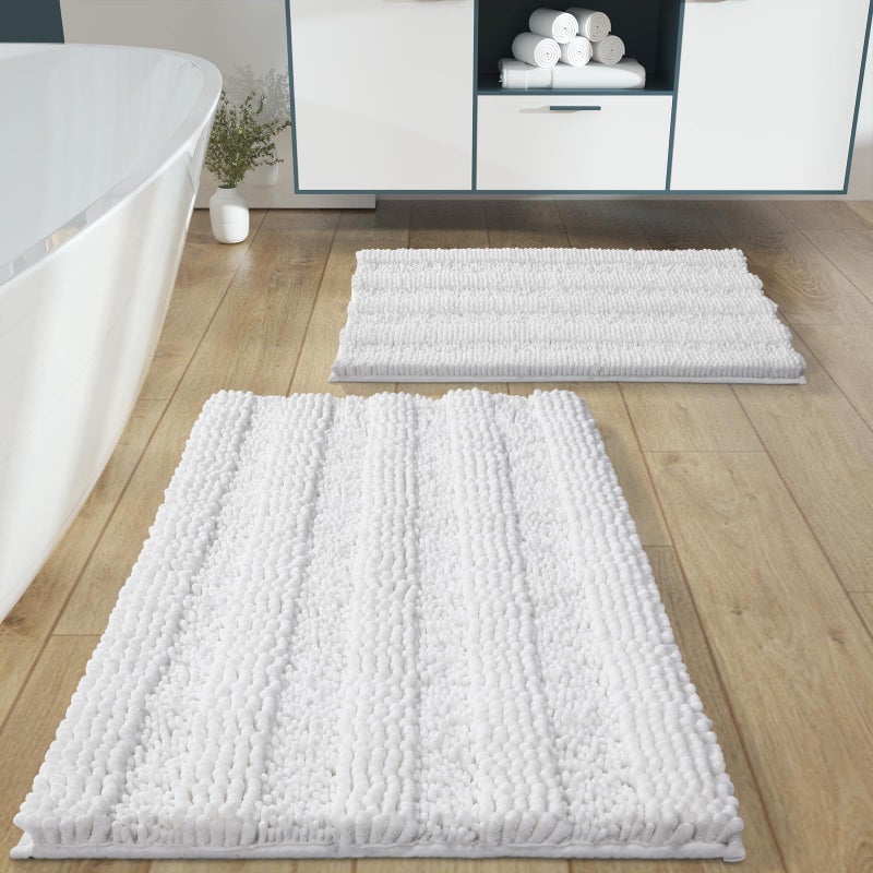 Yimobra Luxury Chenille Bathroom Rugs Sets 2 Piece  Extra Thick Non Slip Quick Dry Bath Mat for Shower Floor  Fluffy Shaggy Microfiber Absorbent Machine Washable Bathmat (White  20 "" x 32 ""+17 "" x 24 "")