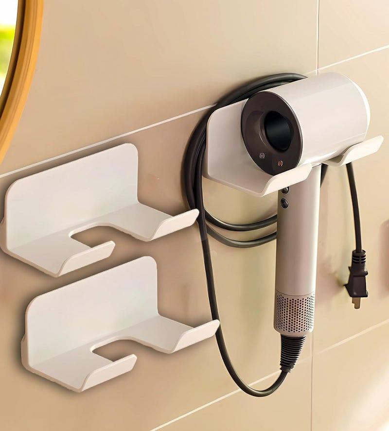 SUPTEC 2 Pack Universal Hair Dryer Holder, Self Adhesive Wall Mount Stand for Most Brand/Size Hair Blow Dryer Hair Dryer Organizer Rack with Plug&Wire Hook for Bathroom - Image 1
