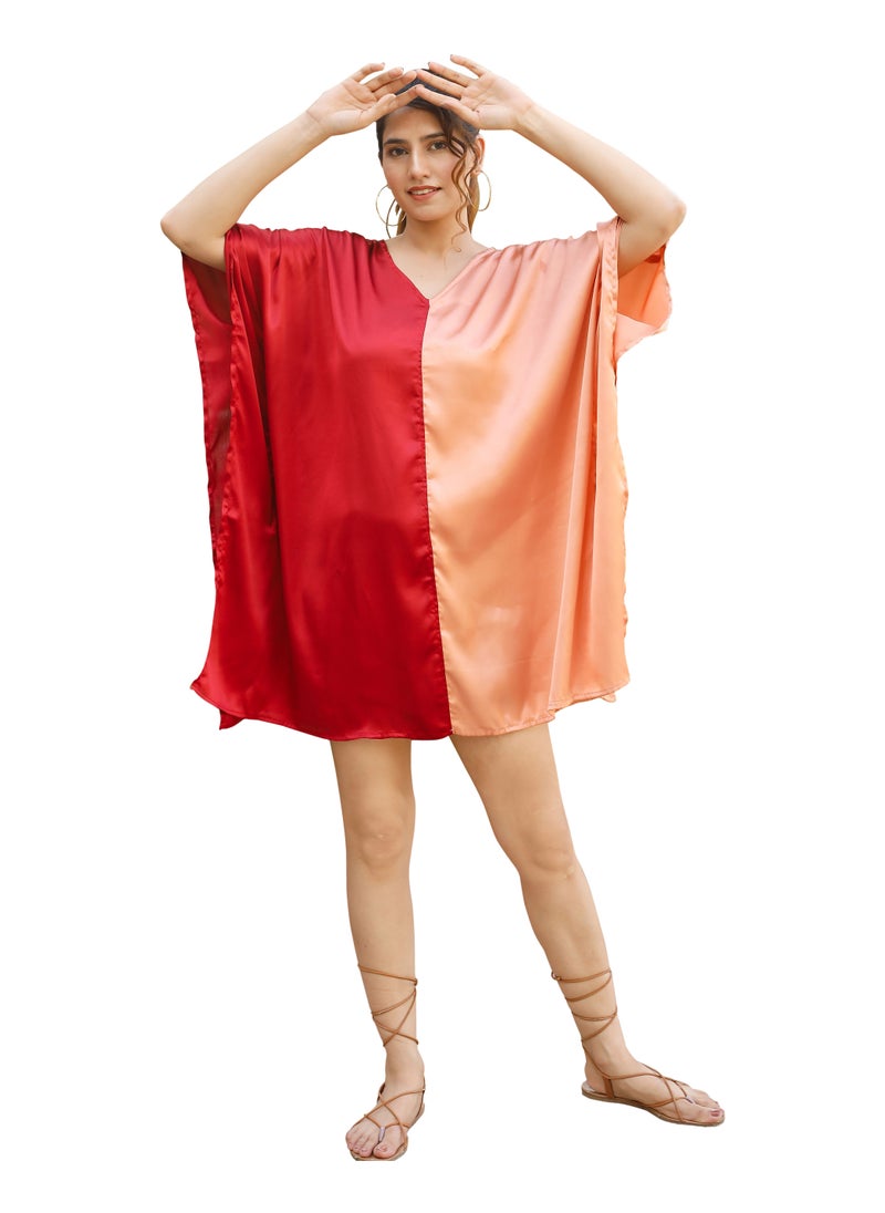 Gypsie Blu Women Plus Size Short Kaftan Double Color V Neck Satin Beach Cover up Resort Wear Dress  - Image 1