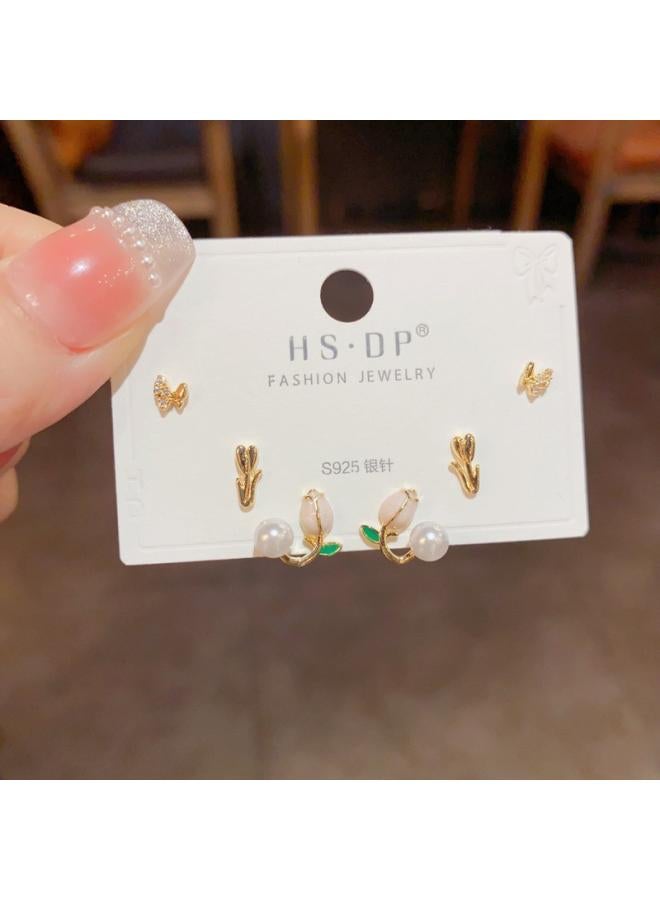 S925 Silver Needle Micro Inlaid Zircon Short Earrings Short Hair Earrings And Korean Elegant All-match Simple Three-piece Set Earrings For Women 