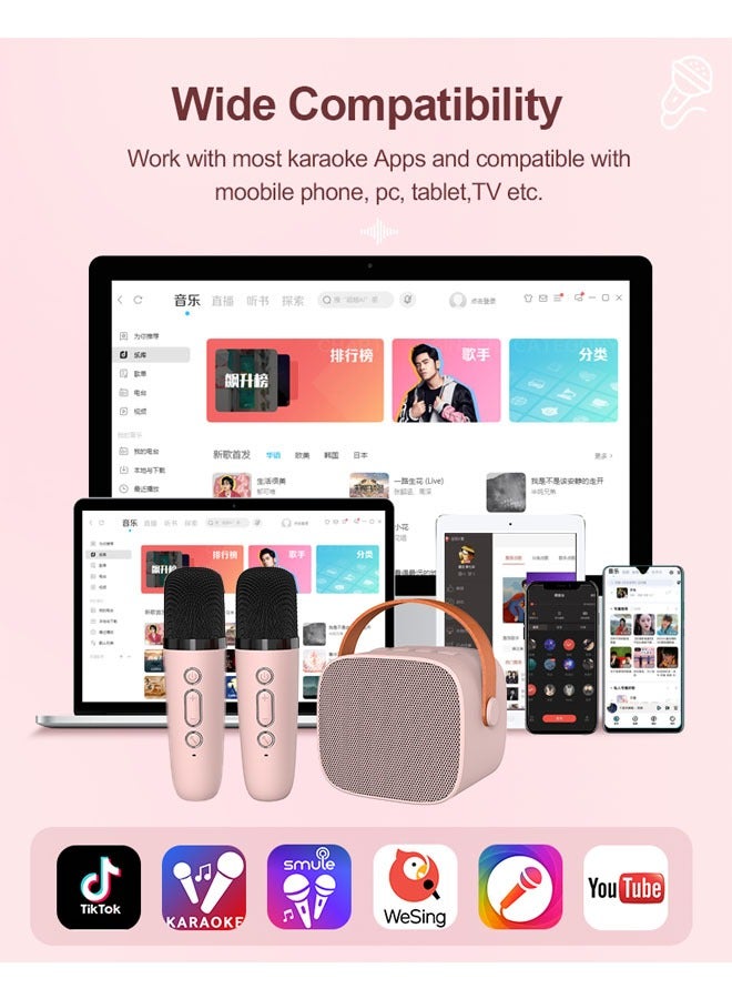 Portable Bluetooth Karaoke Machine with 2 Wireless Microphones, Music Player and Mini Speaker for Kids, Toys and Gifts, Pink  - Image 2