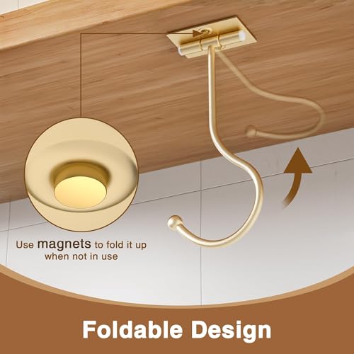 Josmimic Modern Banana Hanger Hook Under Cabinet: Adhesive Banana Holder, Foldable with Magnets When Not in Use, Under Counter Banana Hook, Stainless, Hold 13 LB, Gold, 2 Pack - Image 2